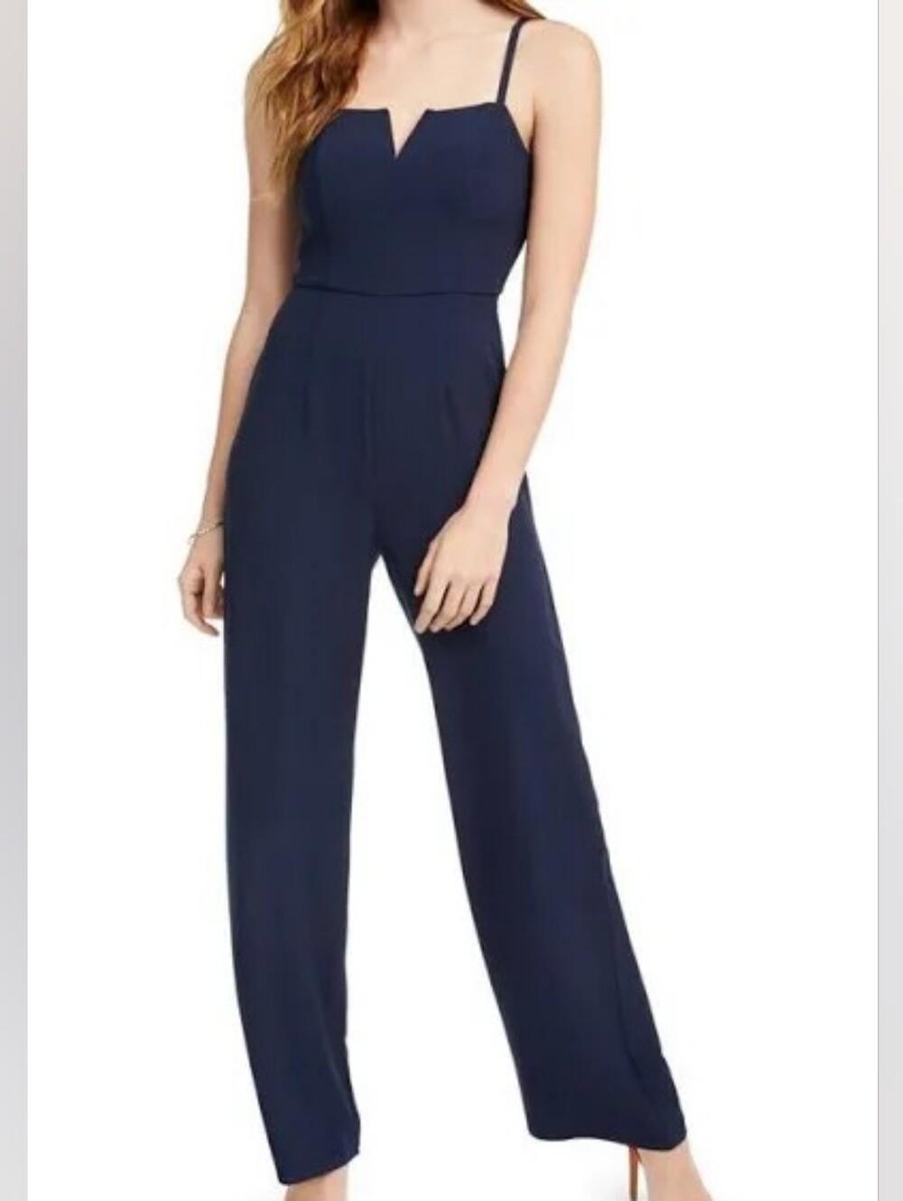 V Notch Neckline Navy Jumpsuit with Spaghetti Straps And Flared Pantlegs